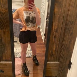 The Office Shirt; Biker shorts; Platform Boots